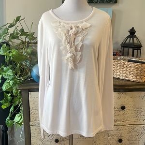 KIM ROGERS LONG SLEEVE RUFFLED NECK TOP OFF WHITE SIZE MEDIUM